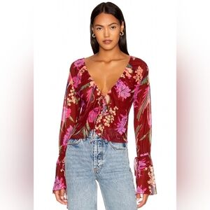 Free People Burgundy Floral Boho Sheer Tie Front Mesh Blouse Y2K Whimsical